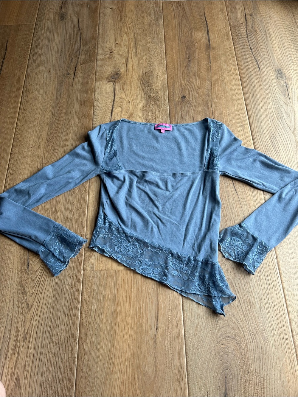 Edikted Dusty Blue Lace-Trim Long Sleeve Top